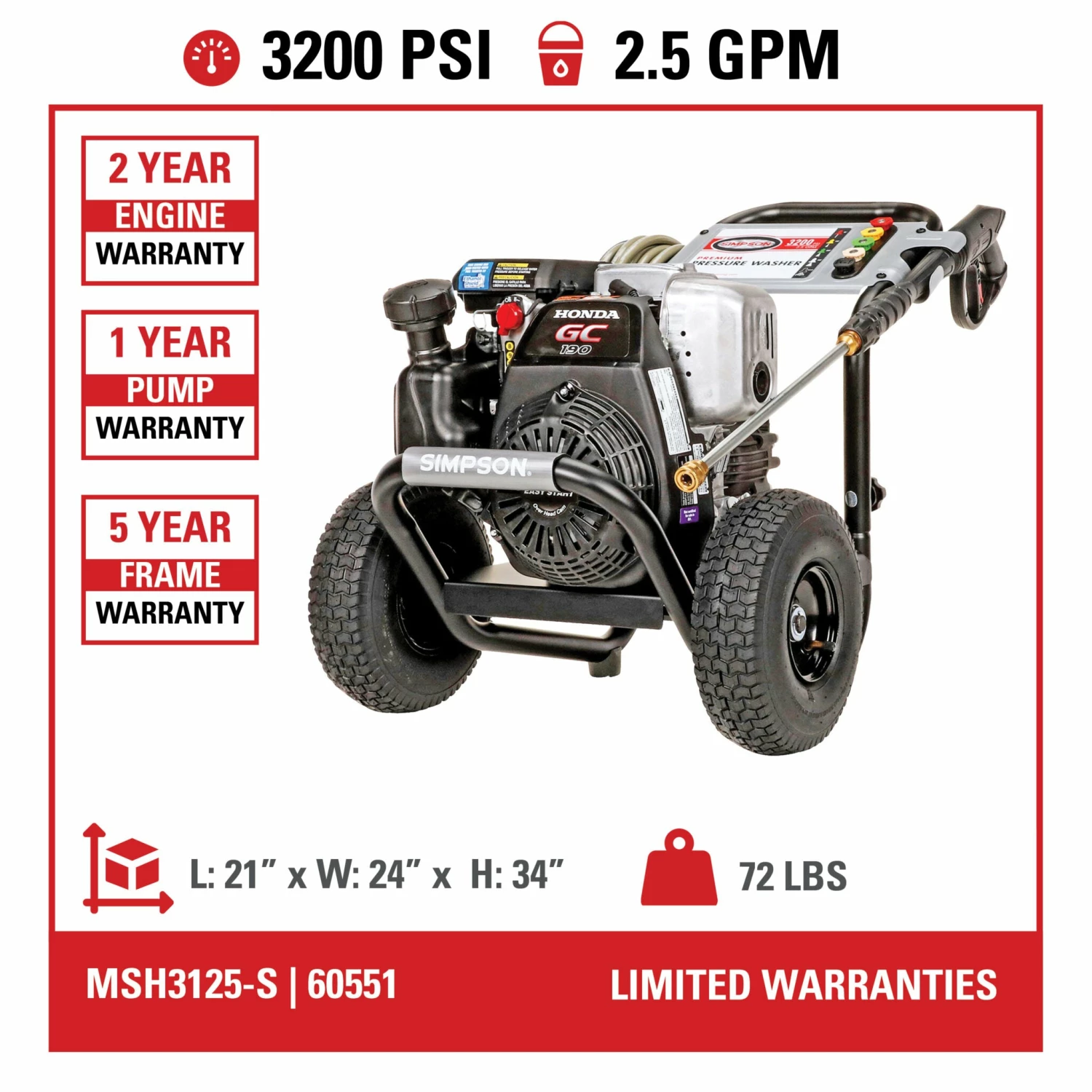 Simpson MegaShot Cold Water Honda GC190 (190cc) Gas Engine Pressure Washer - 3200 PSI - 2.5 GPM Axial Pump