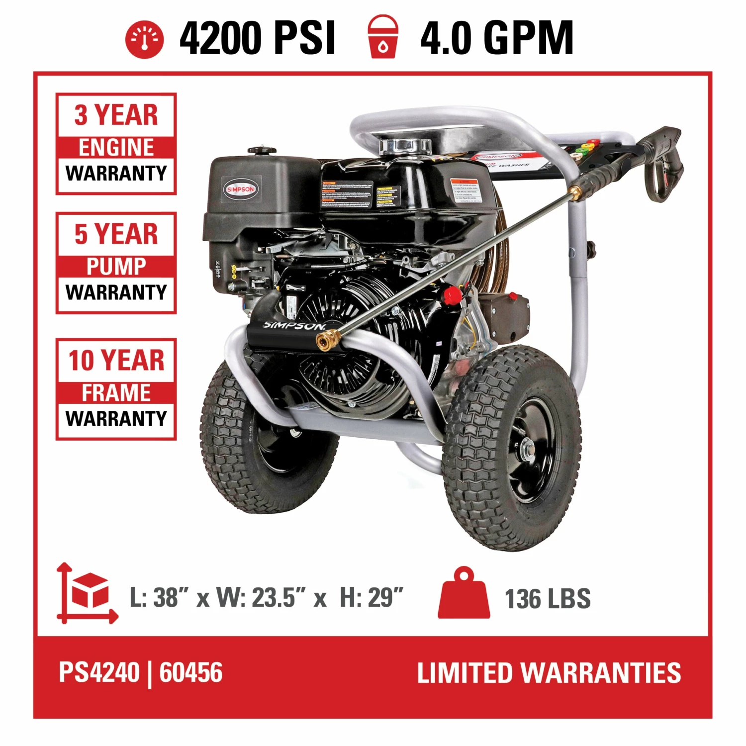Simpson PowerShot Cold Water Honda GX390 (389cc) Gas Engine Pressure Washer - 4200 PSI - 4.0 GPM Industrial Triplex Pump Pressure Washers